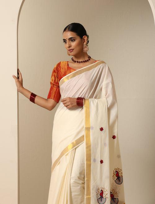 Ready to Wear Floral Embroidered Kasavu Saree