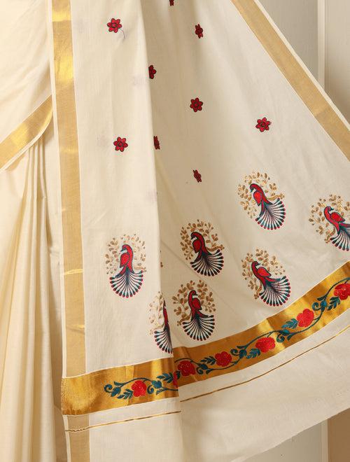 Ready to Wear Floral Embroidered Kasavu Saree