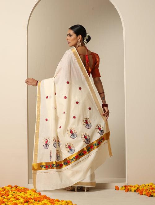 Ready to Wear Floral Embroidered Kasavu Saree