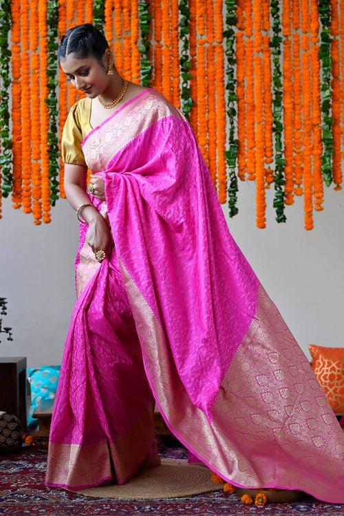 Hot Pink Pure Satin Silk Saree