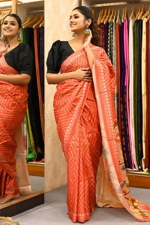 Orange Color Soft Crepe Mix Color Saree Digital Print with Kalamkari.