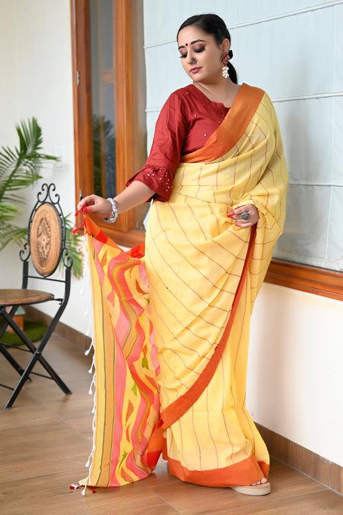 Yellow And Red Pure Bengali Cotton Taant Handloom Saree.