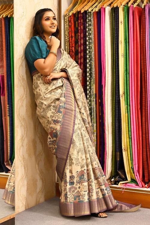 Off White Multicolor Kalamkari Print Saree