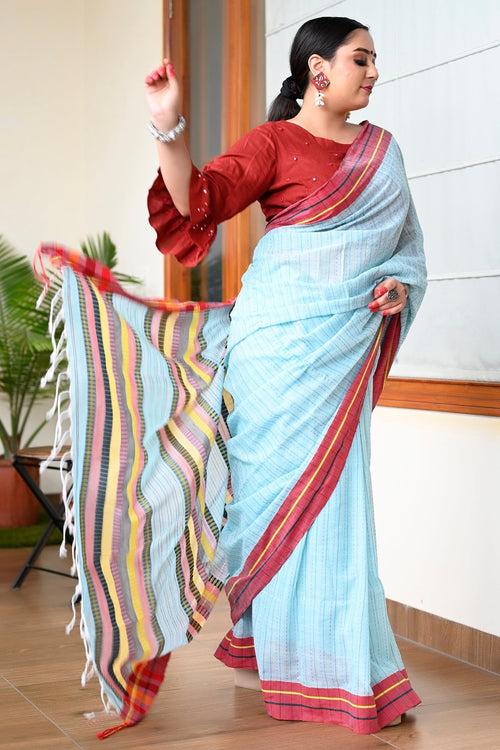 Light Blue And Red Pure Bengali Cotton Taant Handloom Saree.