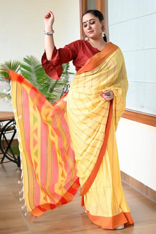 Yellow And Red Pure Bengali Cotton Taant Handloom Saree.