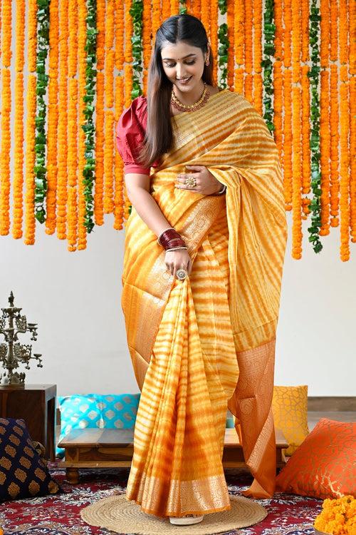 Mustard And White Coimbatore Silk Handloom Saree