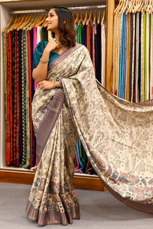 Off White Multicolor Kalamkari Print Saree