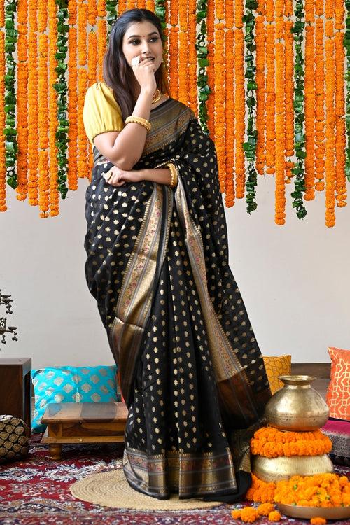 Black Pure Maheshwari Saree With Zari Pallu And Borders