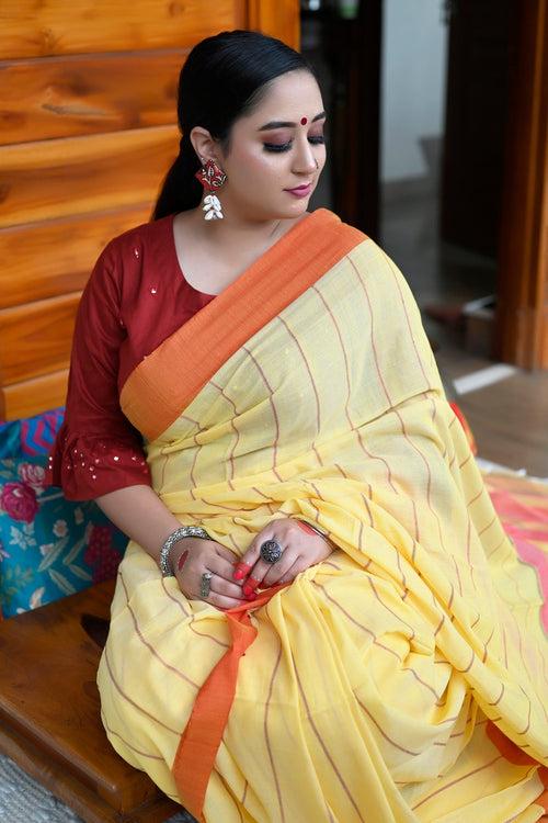 Yellow And Red Pure Bengali Cotton Taant Handloom Saree.