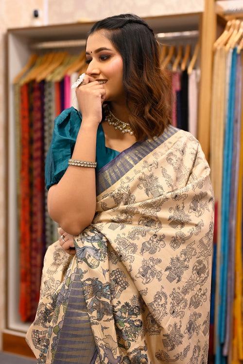 Cream Multicolor Kalamkari Printed Saree