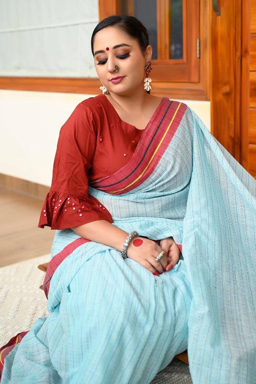 Light Blue And Red Pure Bengali Cotton Taant Handloom Saree.