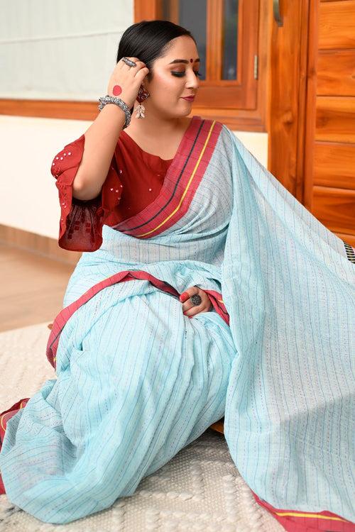 Light Blue And Red Pure Bengali Cotton Taant Handloom Saree.