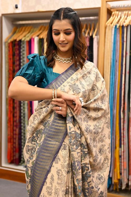 Cream Multicolor Kalamkari Printed Saree