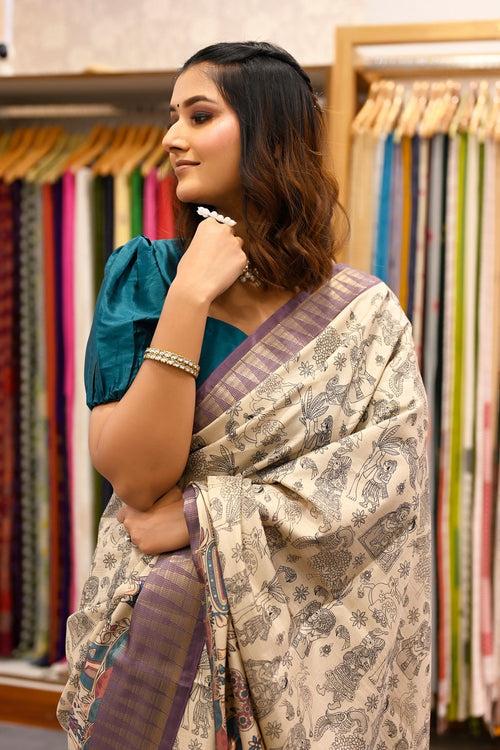 Off White Multicolor Kalamkari Print Saree