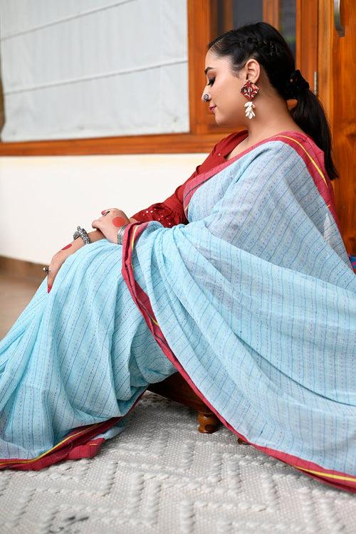 Light Blue And Red Pure Bengali Cotton Taant Handloom Saree.