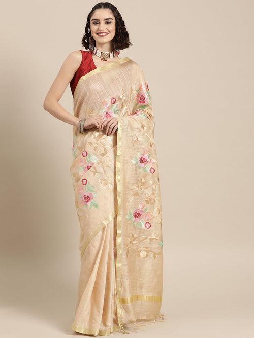 Beige Color Silk Cotton Embroidered Mangalagiri Handloom Saree