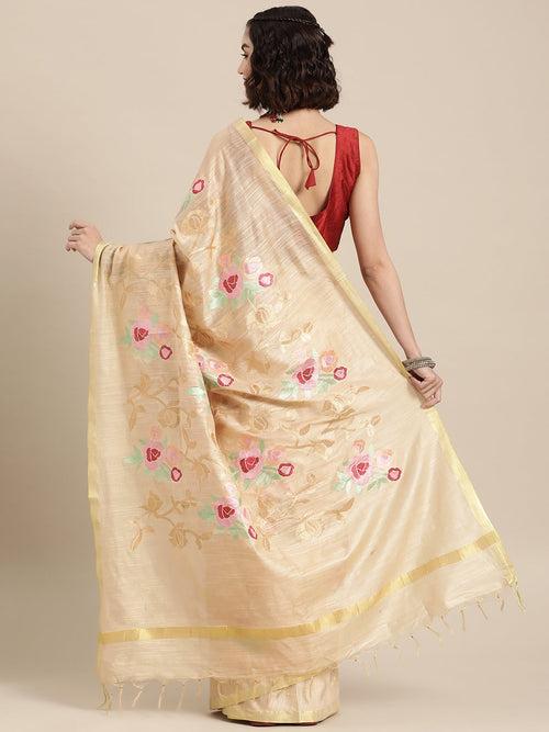 Beige Color Silk Cotton Embroidered Mangalagiri Handloom Saree