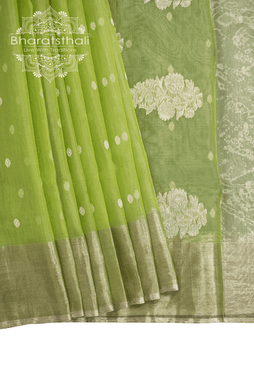 Lime Green Pure Chandheri Saree With Silver Zari Border