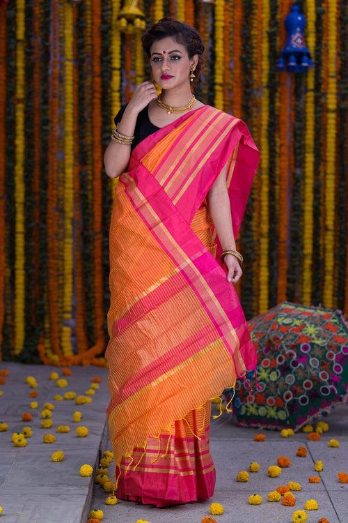 Tangerine Orange With Pink Pallu And Border Kota Cotton Saree