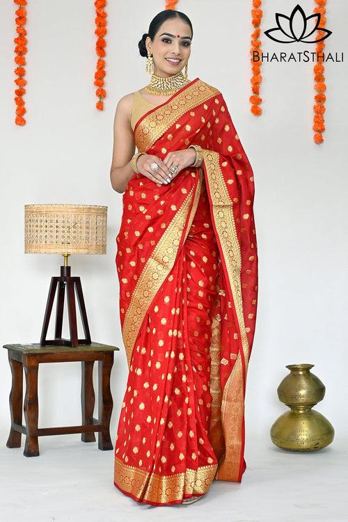 Red Soft Banarasi Silk Saree with Richness of Golden Zari