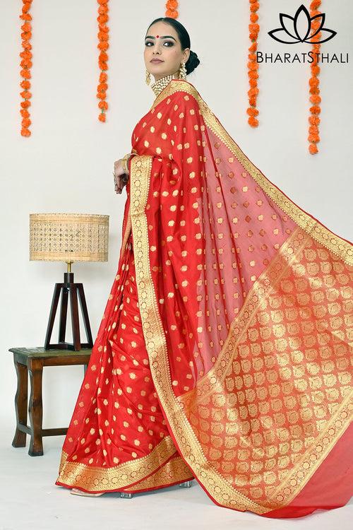 Red Soft Banarasi Silk Saree with Richness of Golden Zari