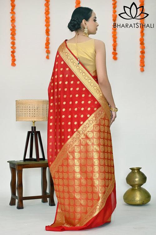 Red Soft Banarasi Silk Saree with Richness of Golden Zari