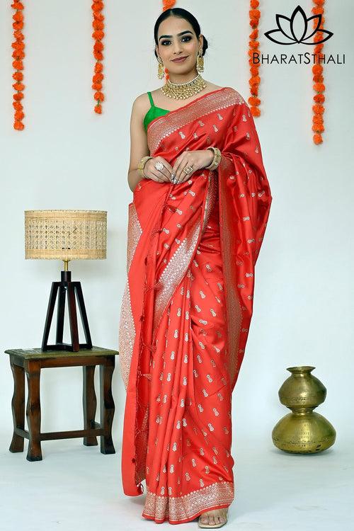 Blood Red with Zari Soft Banarasi Designer Silk Saree