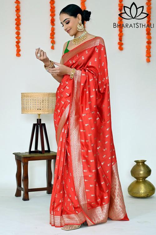 Blood Red with Zari Soft Banarasi Designer Silk Saree