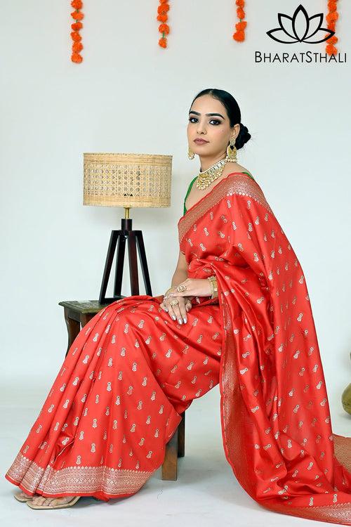 Blood Red with Zari Soft Banarasi Designer Silk Saree