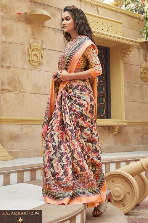 PINK Color Soft Cotton Silk Sarees Floral Digital Print Kalamkari