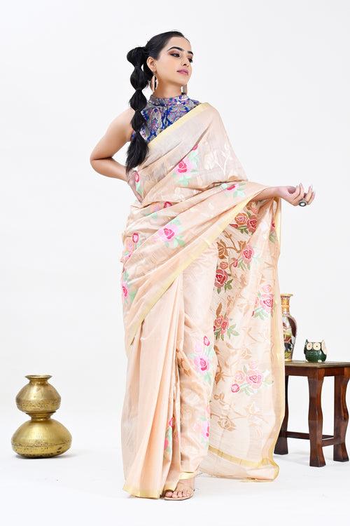 Beige Color Silk Cotton Embroidered Mangalagiri Handloom Saree