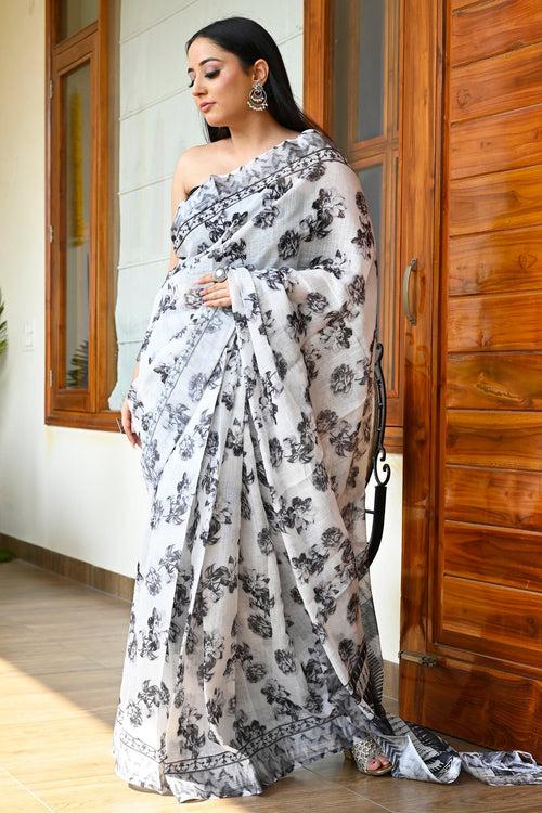 White with Black Linen Saree with Digital Floral Print