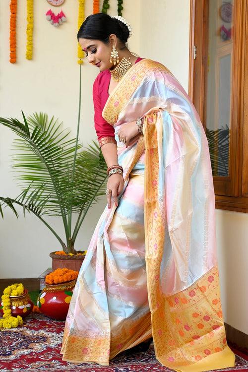 Multi Color Pastel Handloom Pure Banarasi Silk Saree With Yellow Pallu And Borders