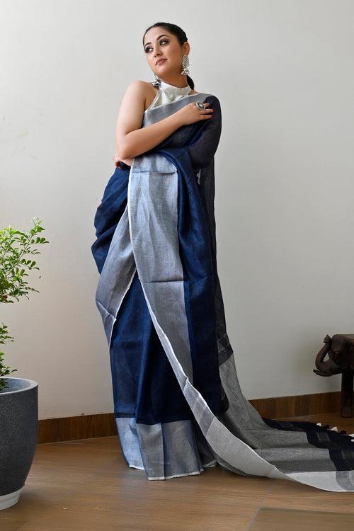Navy Blue Color Pure Linen Solid Handloom Saree with Silver Border