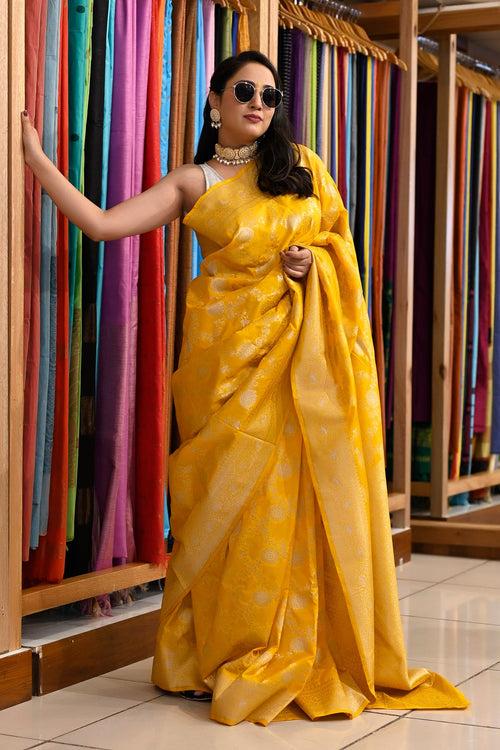 Yellow Katan Silk Woven Banarasi Silk Saree With Meena Work