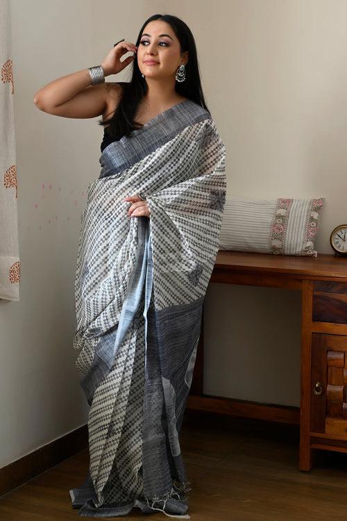 Cream Grey Linen Saree with Digital Print