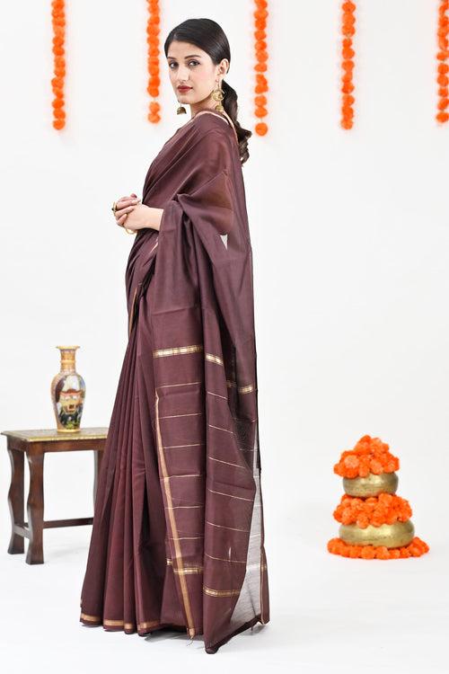 Wine Color Pure Chanderi Silk Solid Handloom Saree