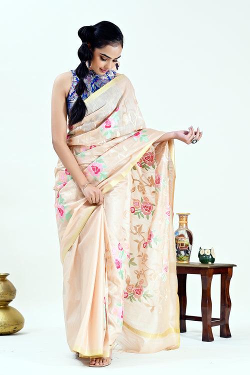 Beige Color Silk Cotton Embroidered Mangalagiri Handloom Saree