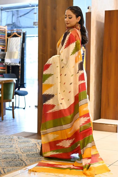 Cream With Multi Color Temple Silk Sambalpuri Handloom Saree