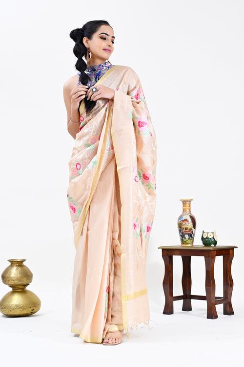 Beige Color Silk Cotton Embroidered Mangalagiri Handloom Saree