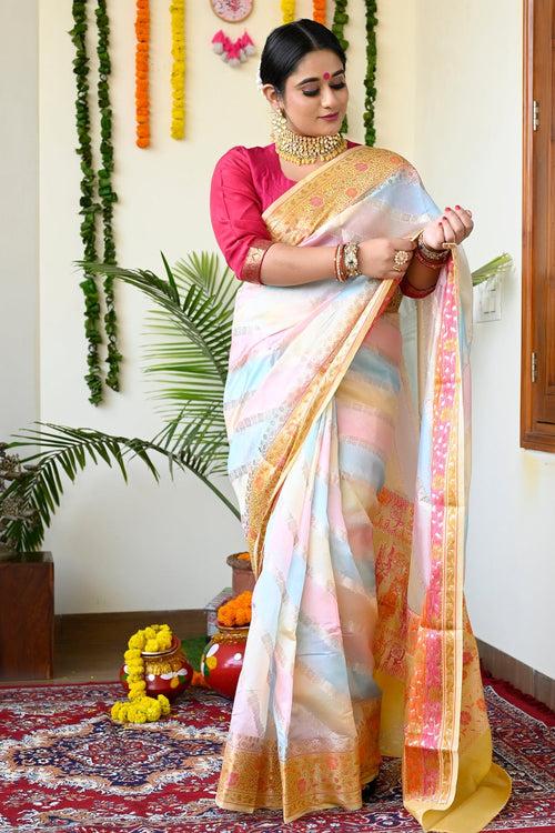 Multi Color Pastel Handloom Pure Banarasi Silk Saree With Yellow Pallu And Borders