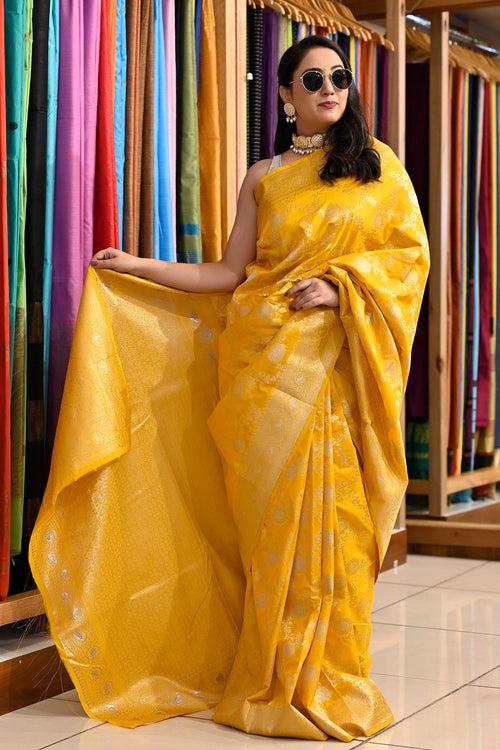 Yellow Katan Silk Woven Banarasi Silk Saree With Meena Work