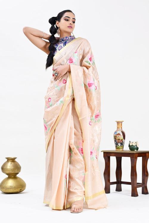 Beige Color Silk Cotton Embroidered Mangalagiri Handloom Saree