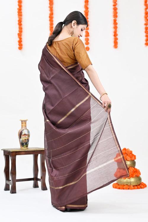 Wine Color Pure Chanderi Silk Solid Handloom Saree