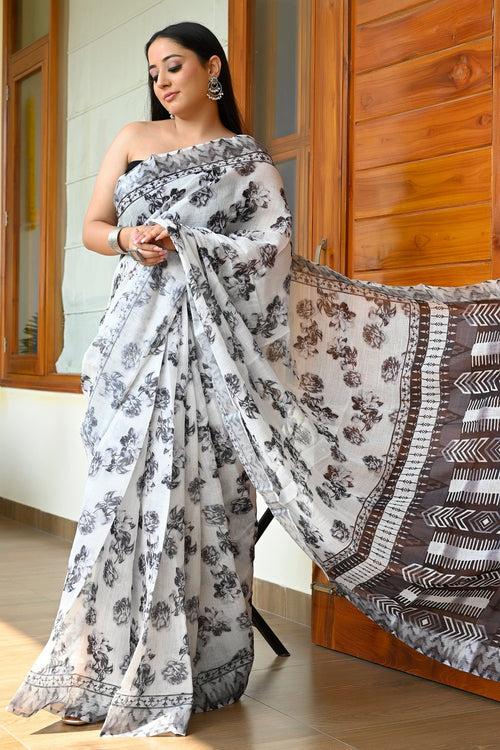 White with Black Linen Saree with Digital Floral Print