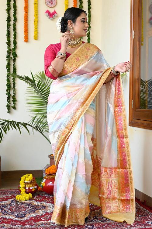 Multi Color Pastel Handloom Pure Banarasi Silk Saree With Yellow Pallu And Borders