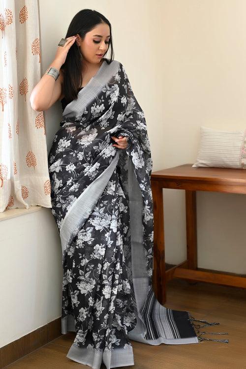 Black with White Linen Saree with Digital Floral Print