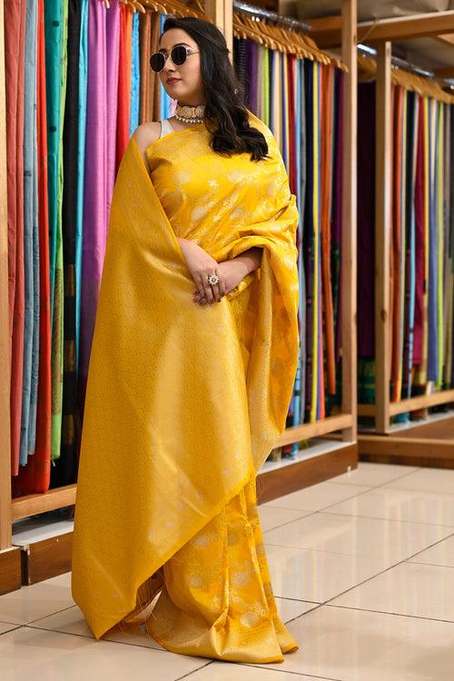 Yellow Katan Silk Woven Banarasi Silk Saree With Meena Work