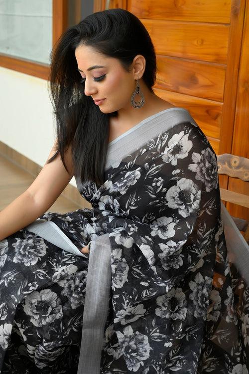 Black with White Linen Saree with Digital Floral Print