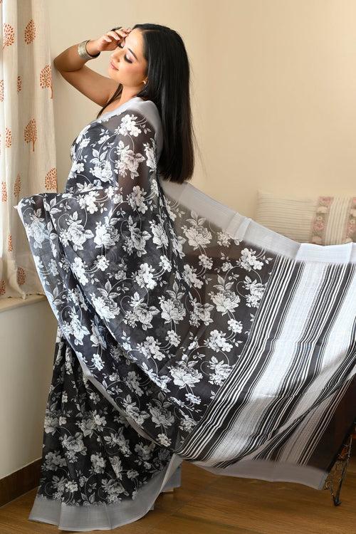 Black with White Linen Saree with Digital Floral Print